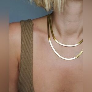 Gold Tone Wide Flat Snake Chain Layering Necklace